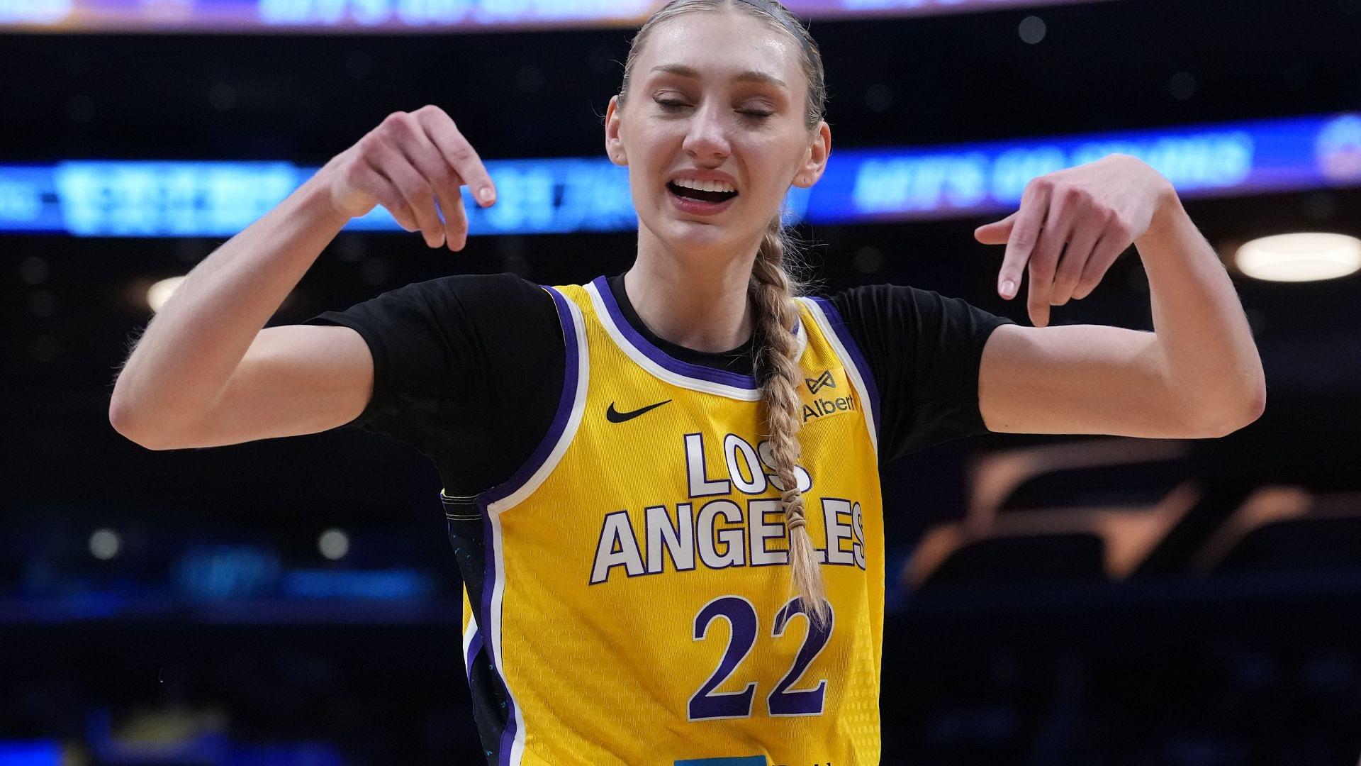 Jul 29, 2025; Los Angeles, California, USA; LA Sparks forward Cameron Brink (22) reacts against the Las Vegas Aces in the first half at Crypto.com Arena