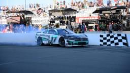 NASCAR Cup Series driver Chris Buescher (17) does a burn out following his victory in the Go Bowling at The Glen at Watkins Glen International.