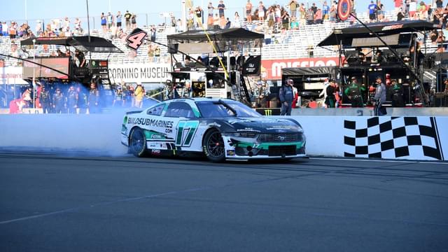 NASCAR Cup Series driver Chris Buescher (17) does a burn out following his victory in the Go Bowling at The Glen at Watkins Glen International.