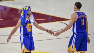 June 7, 2017; Cleveland, OH, USA; Golden State Warriors guard Stephen Curry (30) high-fives guard Klay Thompson (11) during the fourth quarter in game three of the 2017 NBA Finals against the Cleveland Cavaliers at Quicken Loans Arena