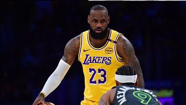 Los Angeles Lakers forward LeBron James (23) controls the ball against Minnesota Timberwolves guard Nickeil Alexander-Walker (9) during the first half in game five of first round for the 2025 NBA Playoffs at Crypto.com Arena.