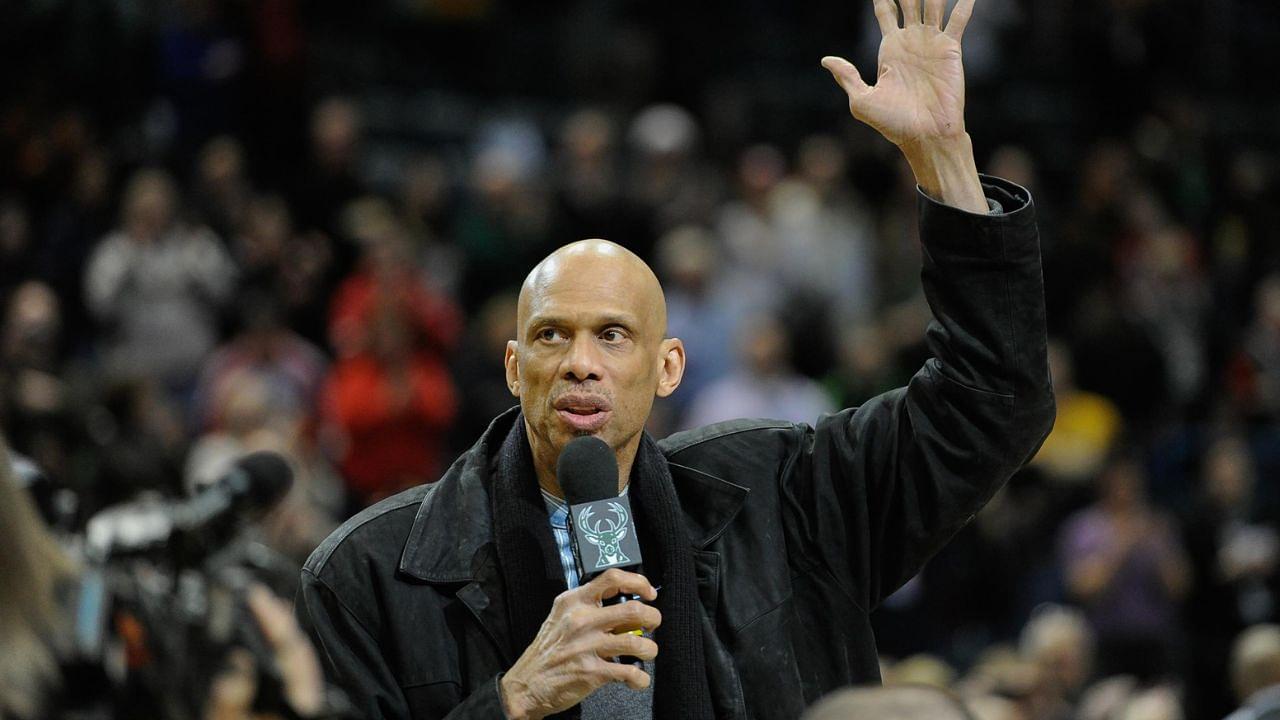 Milwaukee, WI, USA; Kareem Abdul-Jabbar, the leading scorer in Milwaukee Bucks and NBA history, waves to fans during game against the Utah Jazz at BMO Harris Bradley Center.