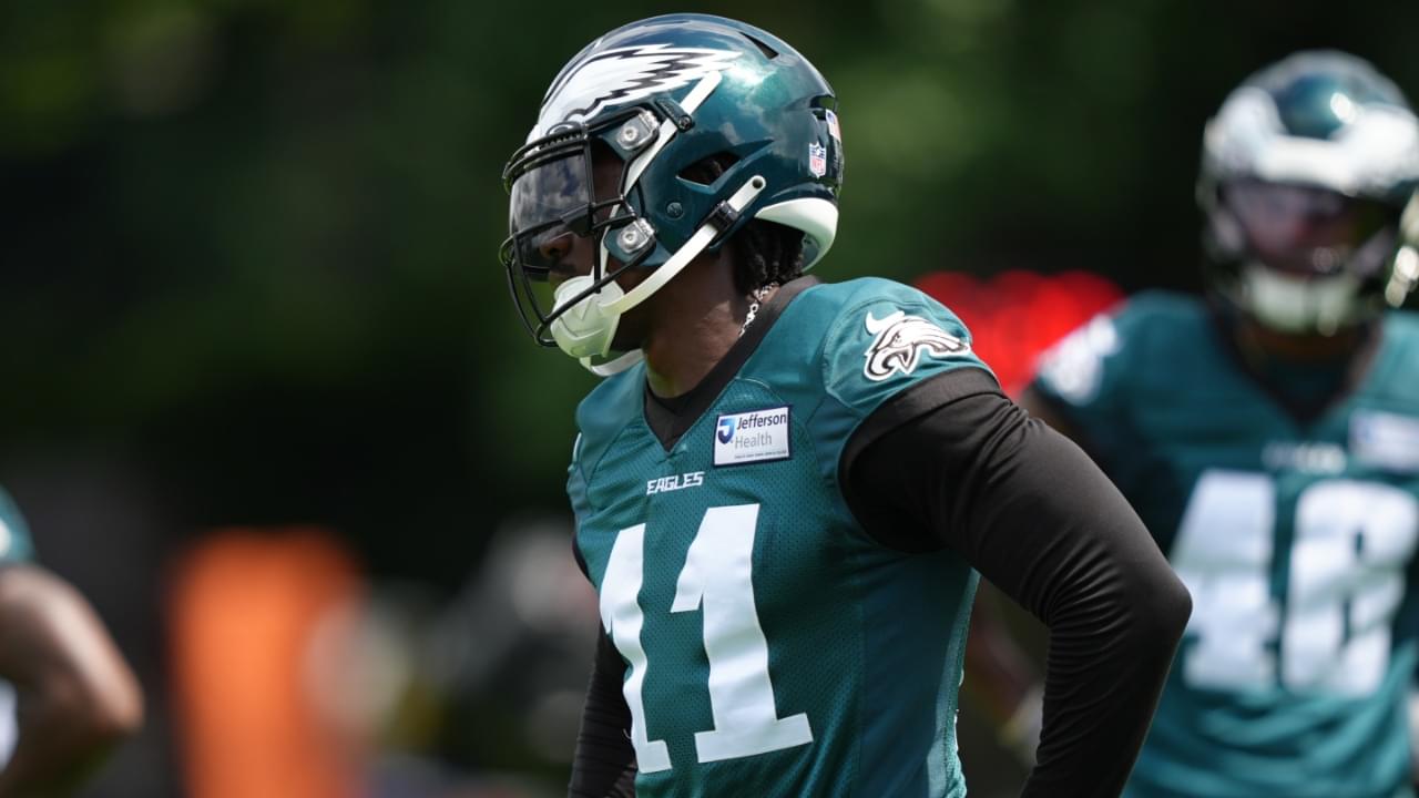 Jun 10, 2025; Philadelphia, PA, USA; Philadelphia Eagles wide receiver A.J. Brown (11) looks on during a practice drill at NovaCare Complex.