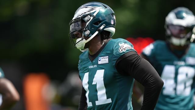 Jun 10, 2025; Philadelphia, PA, USA; Philadelphia Eagles wide receiver A.J. Brown (11) looks on during a practice drill at NovaCare Complex.