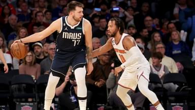 Dallas Mavericks guard Luka Doncic (77) controls the ball against New York Knicks guard Jalen Brunson (11) during the third quarter at Madison Square Garden.
