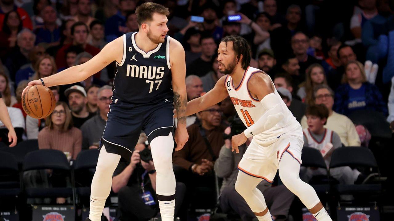 Dallas Mavericks guard Luka Doncic (77) controls the ball against New York Knicks guard Jalen Brunson (11) during the third quarter at Madison Square Garden.