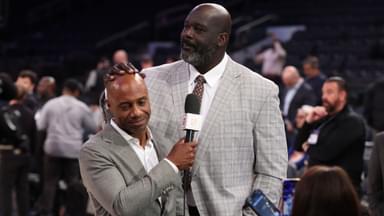 Richard Jefferson and Shaquille O'Neal look on before game five of the eastern conference finals for the 2025 NBA Playoffs at Madison Square Garden.