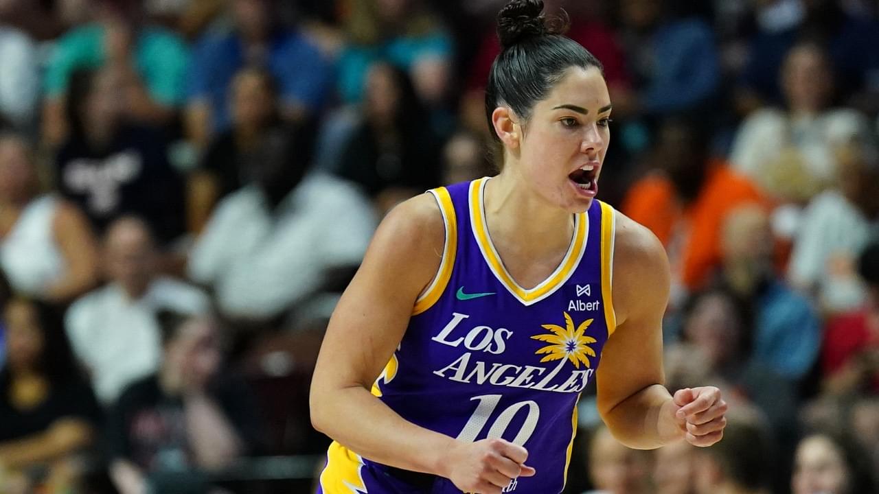 Los Angeles Sparks guard Kelsey Plum (10) reacts after her three point basket against the Connecticut Sun in the second half at Mohegan Sun Arena.