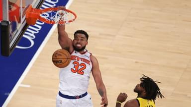New York Knicks center Karl-Anthony Towns (32) dunks against Indiana Pacers forward Jarace Walker (5) in the fourth quarter during game five of the eastern conference finals for the 2025 NBA Playoffs at Madison Square Garden.