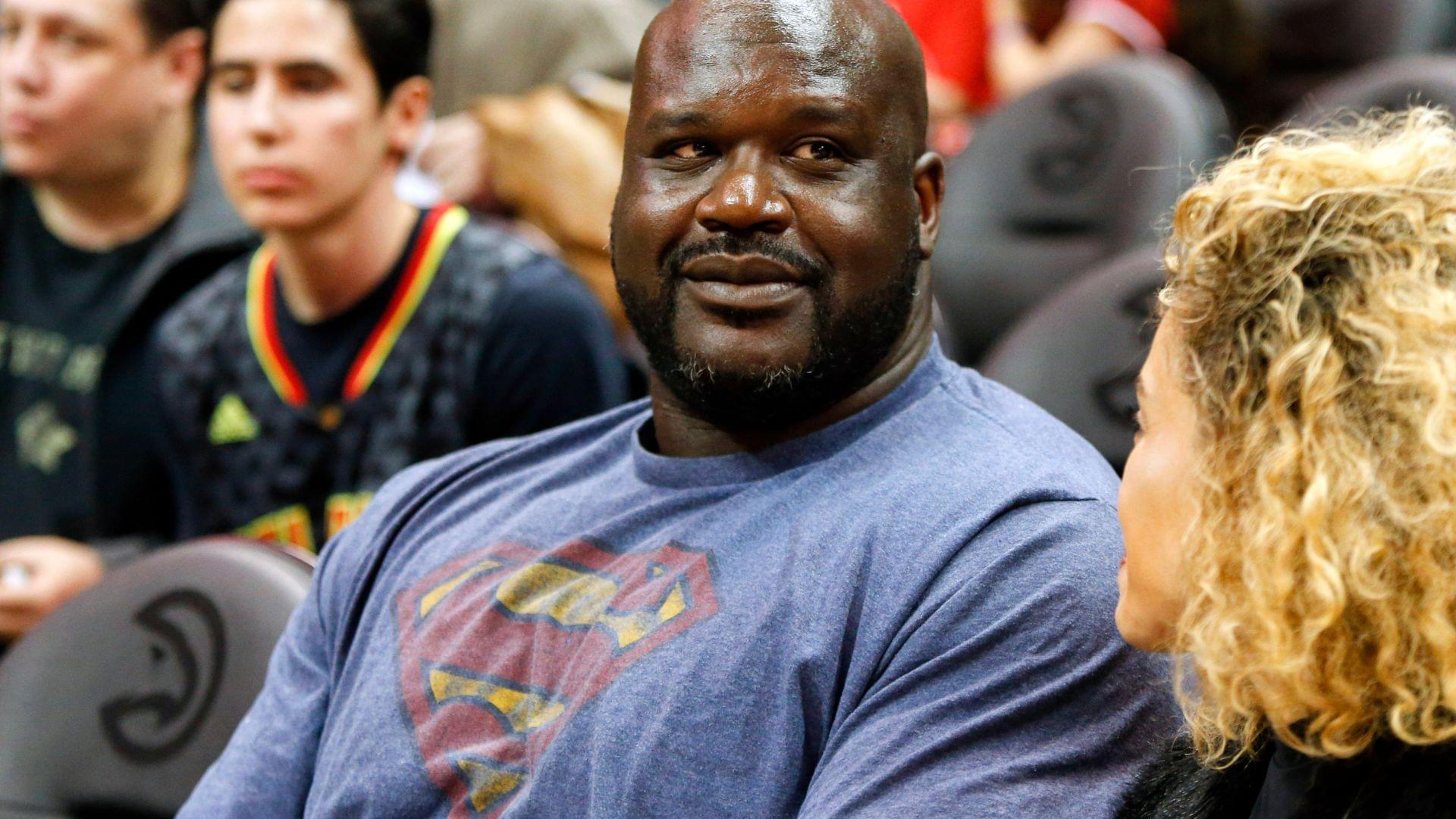 Mar 10, 2017; Atlanta, GA, USA; NBA former player Shaquille O'Neal watches a game between the Atlanta Hawks and Toronto Raptors in the third quarter at Philips Arena. The Hawks won 105-99.