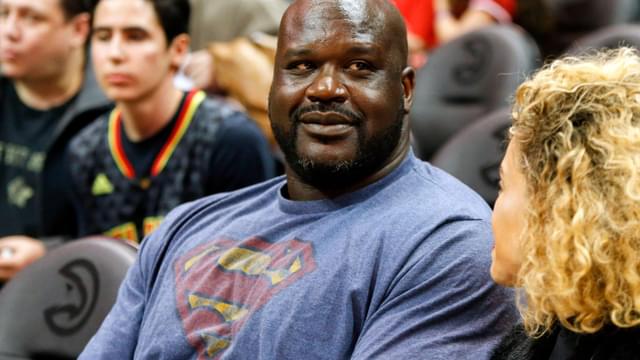Mar 10, 2017; Atlanta, GA, USA; NBA former player Shaquille O'Neal watches a game between the Atlanta Hawks and Toronto Raptors in the third quarter at Philips Arena. The Hawks won 105-99.