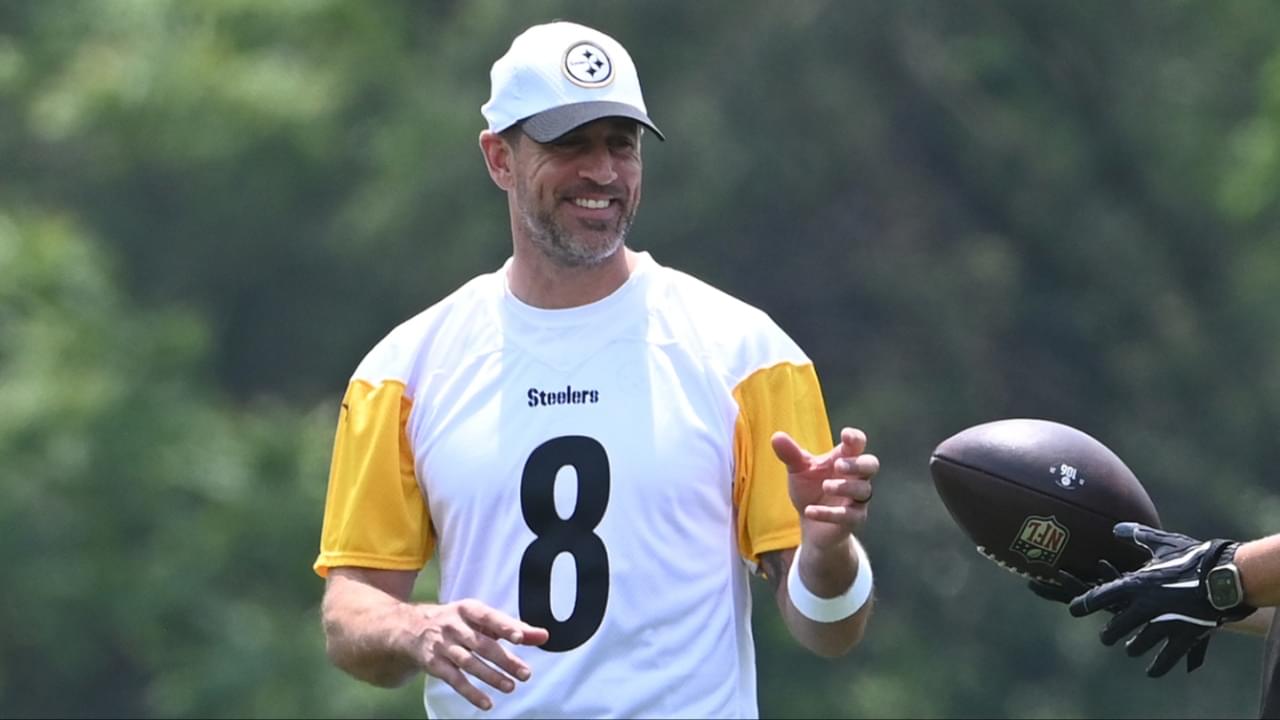 Pittsburgh Steelers quarterback Aaron Rodgers (8) gets the ball during minicamp at their South Side facility.