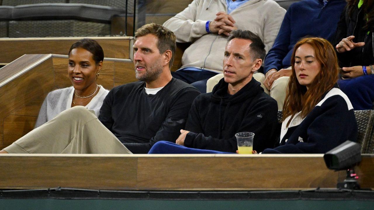 Former NBA players Dirk Nowitzki and Steve Nash attend the match between Tallon Griekspoor (NED) and Carlos Alcaraz (ESP) at the BNP Paribas Open at the Indian Wells Tennis Garden