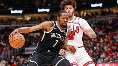Brooklyn Nets forward Kevin Durant (7) drives to the basket against Chicago Bulls guard Lonzo Ball (2) during the second half at United Center