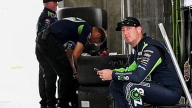 NASCAR Cup Series driver Kyle Busch (8) sits in his garage Friday, July 25, 2025, ahead of practice at Indianapolis Motor Speedway in preparation for the Brickyard 400. Cup practice was cancelled due weather in the area.