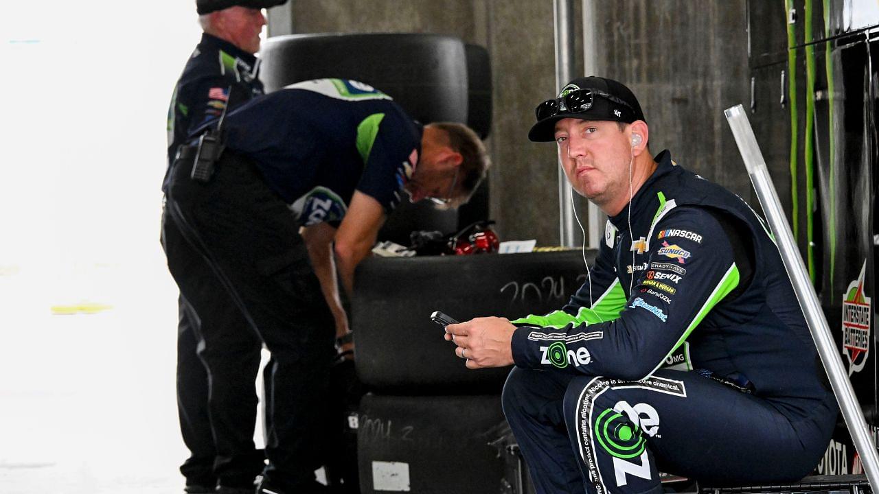 NASCAR Cup Series driver Kyle Busch (8) sits in his garage Friday, July 25, 2025, ahead of practice at Indianapolis Motor Speedway in preparation for the Brickyard 400. Cup practice was cancelled due weather in the area.