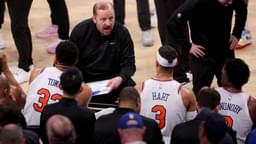 May 16, 2025; New York, New York, USA; New York Knicks head coach Tom Thibodeau talks to center Karl-Anthony Towns (32) and guard Josh Hart (3) and forward OG Anunoby (8) during a time out during the third quarter of game six in the second round of the 2025 NBA Playoffs against the Boston Celtics at Madison Square Garden.