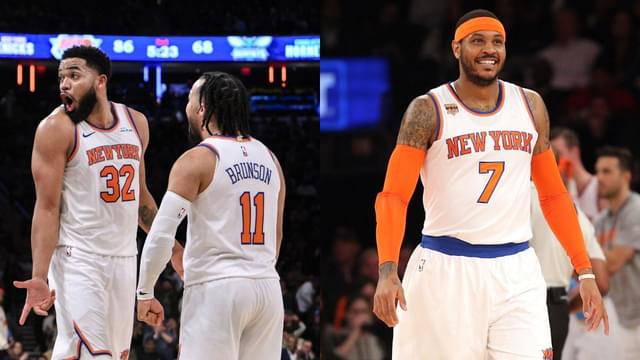 Karl-Anthony Towns and Jalen Brunson (L), Carmelo Anthony (R)