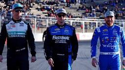 Feb 1, 2025; WInston-Salem, North Carolina, USA; NASCAR Cup Series driver Brad Keselowski (6), NASCAR Cup Series driver Ryan Preece (60) and NASCAR Cup Series driver Chris Buescher (17) walk the track before practice for the Clash at Bowman Gray at Bowman Gray Stadium. Mandatory Credit: Peter Casey-Imagn Images
