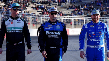 Feb 1, 2025; WInston-Salem, North Carolina, USA; NASCAR Cup Series driver Brad Keselowski (6), NASCAR Cup Series driver Ryan Preece (60) and NASCAR Cup Series driver Chris Buescher (17) walk the track before practice for the Clash at Bowman Gray at Bowman Gray Stadium. Mandatory Credit: Peter Casey-Imagn Images