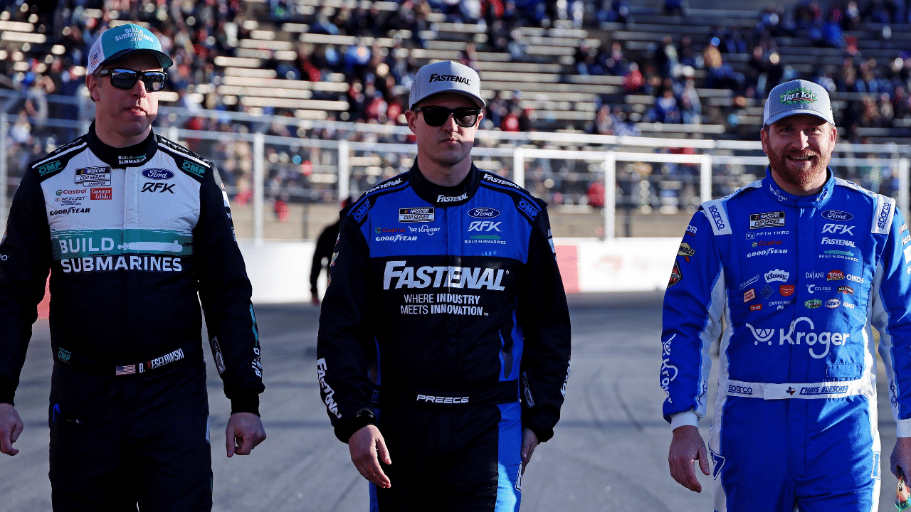 Feb 1, 2025; WInston-Salem, North Carolina, USA; NASCAR Cup Series driver Brad Keselowski (6), NASCAR Cup Series driver Ryan Preece (60) and NASCAR Cup Series driver Chris Buescher (17) walk the track before practice for the Clash at Bowman Gray at Bowman Gray Stadium. Mandatory Credit: Peter Casey-Imagn Images