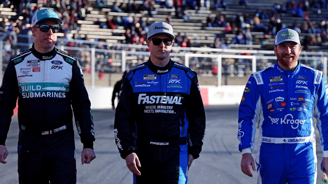 Feb 1, 2025; WInston-Salem, North Carolina, USA; NASCAR Cup Series driver Brad Keselowski (6), NASCAR Cup Series driver Ryan Preece (60) and NASCAR Cup Series driver Chris Buescher (17) walk the track before practice for the Clash at Bowman Gray at Bowman Gray Stadium. Mandatory Credit: Peter Casey-Imagn Images