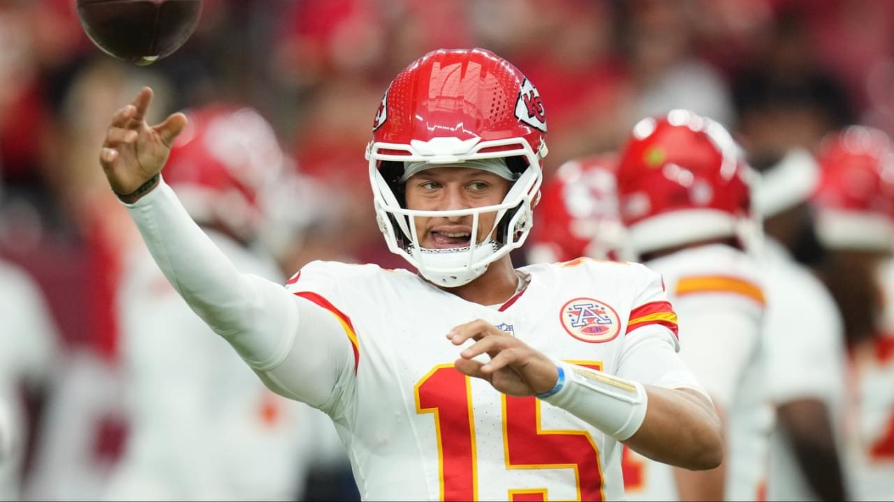 Kansas City Chiefs quarterback Patrick Mahomes (15) warms up before their preseason game against the Arizona Cardinals at State Farm Stadium on Aug. 9, 2025.