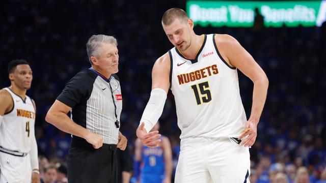 Denver Nuggets center Nikola Jokic (15) talks to an official during a break in play against the Oklahoma City Thunder in the second quarter during game seven of the second round for the 2025 NBA Playoffs at Paycom Center