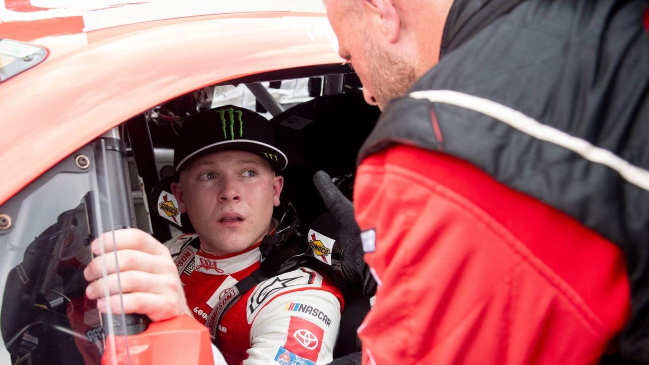 NASCAR Cup Series driver Ty Gibbs (54) sits in his car Sunday, July 27, 2025, after the Brickyard 400 at Indianapolis Motor Speedway.