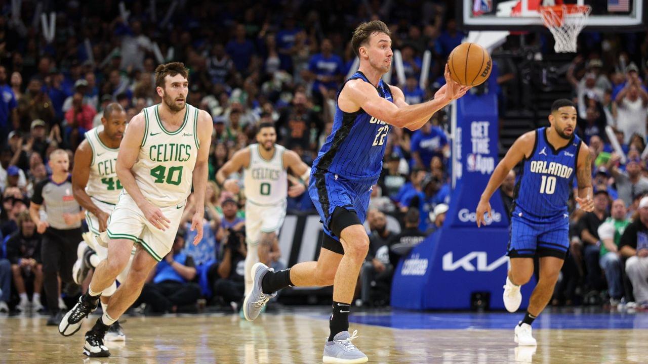 Orlando Magic forward Franz Wagner (22) passes the ball against the Boston Celtics in the second quarter during game four of first round for the 2025 NBA Playoffs at Kia Center.