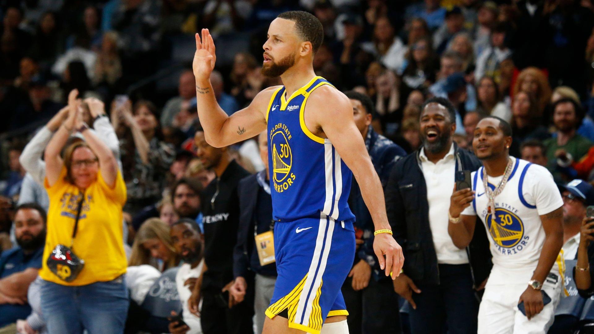 Apr 1, 2025; Memphis, Tennessee, USA; Golden State Warriors guard Stephen Curry (30) reacts during the fourth quarter against the Memphis Grizzlies at FedExForum.