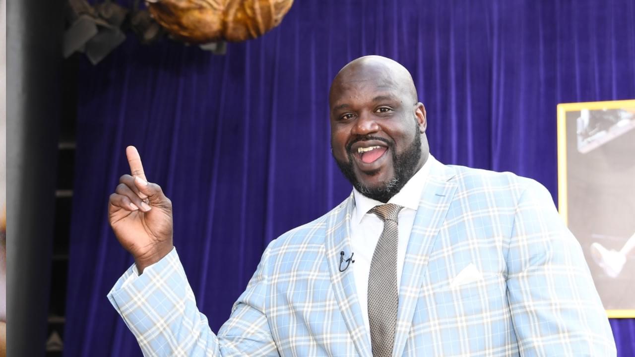Los Angeles Lakers former center Shaquille O'Neal poses at statue unveiling ceremony at Staples Center.