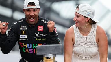 NASCAR Cup Series driver Bubba Wallace (23) celebrates winning Sunday, July 27, 2025, the Brickyard 400 at Indianapolis Motor Speedway.