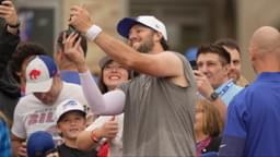 Josh Allen uses a fan's phone to take a selfie with them after Bills Training Camp at St. John Fisher University in Pittsford on July 31, 2025.