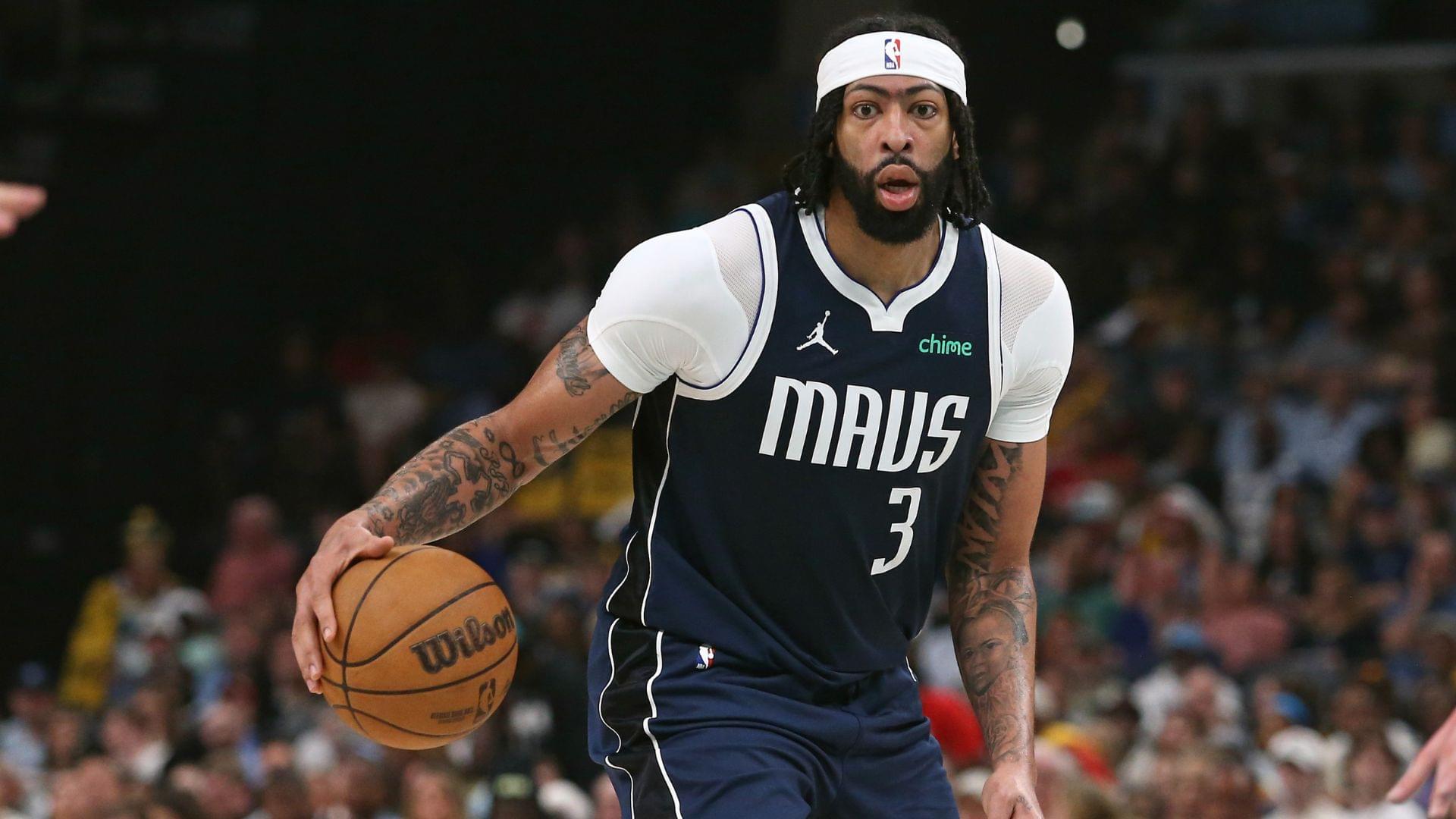 Apr 18, 2025; Memphis, Tennessee, USA; Dallas Mavericks forward Anthony Davis (3) dribbles during the second quarter against the Memphis Grizzlies at FedExForum