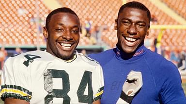 Green Bay Packers receiver Sterling Sharpe (left) poses with his younger brother Denver Broncos receiver Shannon Sharpe (right) at Mile High Stadium.