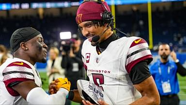 Washington Commanders quarterback Jayden Daniels is named Tom Brady’s LFG Player of the Game after defeating the Detroit Lions 45-31 in the NFL divisional round at Ford Field in Detroit, Saturday, Jan. 18, 2025. He is congratulated by rookie cornerback Mike Sainristil, who had two interceptions.