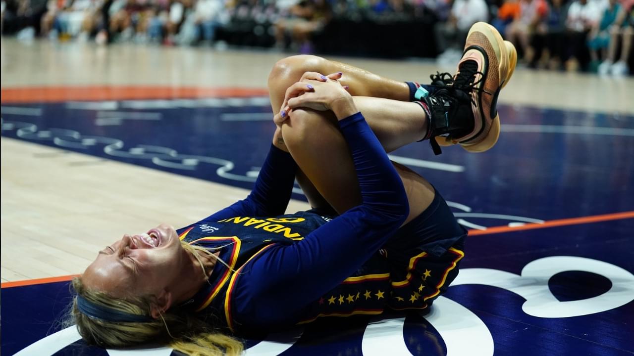 Indiana Fever guard Sophie Cunningham (8) on the court injured as they take on the Connecticut Sun in the first half at Mohegan Sun Arena.