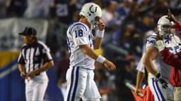 Indianapolis Colts quarterback Peyton Manning (18) walks off the field after throwing an interception during the 3rd quarter against the San Diego Chargers at Qualcomm Stadium in San Diego, CA. San Diego won the game 23-21.