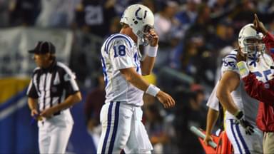 Indianapolis Colts quarterback Peyton Manning (18) walks off the field after throwing an interception during the 3rd quarter against the San Diego Chargers at Qualcomm Stadium in San Diego, CA. San Diego won the game 23-21.