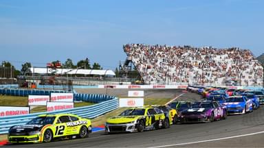 NASCAR Cup Series driver Ryan Blaney (12) leads the field on a restart during the Go Bowling at The Glen at Watkins Glen International.