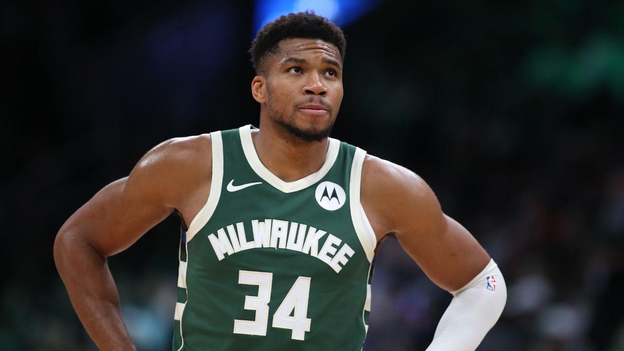 Milwaukee Bucks forward Giannis Antetokounmpo (34) reacts during the second half against the Boston Celtics at TD Garden.