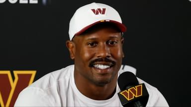 Washington Commanders outside linebacker Von Miller (24) speaks with the media after practice on day two of training camp at OrthoVirginia Training Center at Commanders Park.