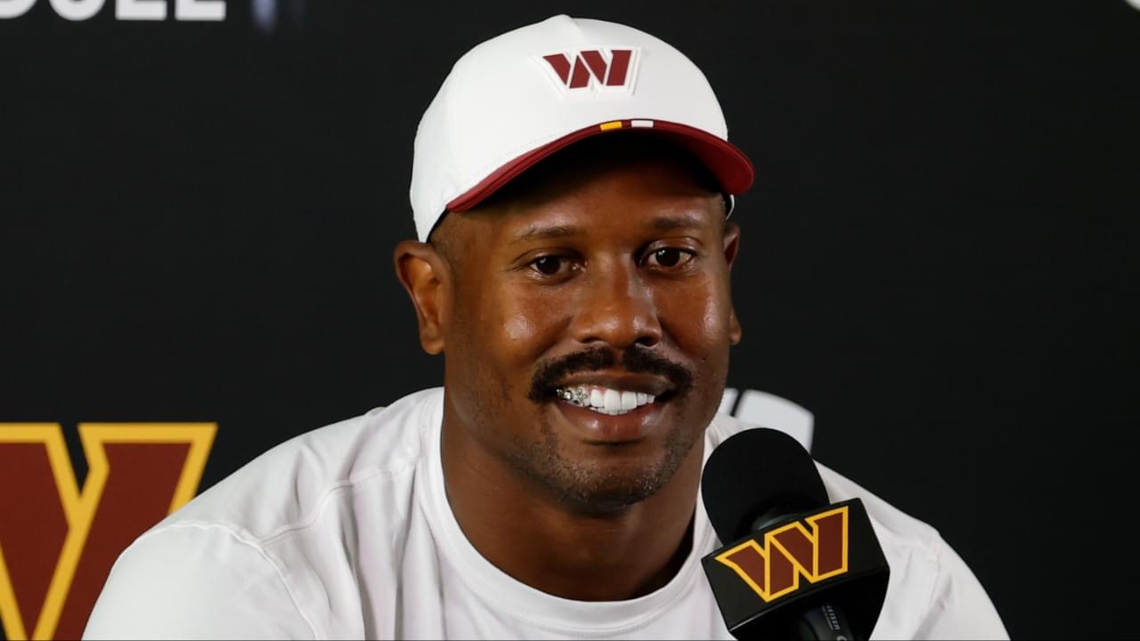 Washington Commanders outside linebacker Von Miller (24) speaks with the media after practice on day two of training camp at OrthoVirginia Training Center at Commanders Park.