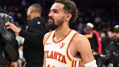Apr 11, 2025; Philadelphia, Pennsylvania, USA; Atlanta Hawks guard Trae Young (11) looks on after the game against the Philadelphia 76ers at Wells Fargo Center.