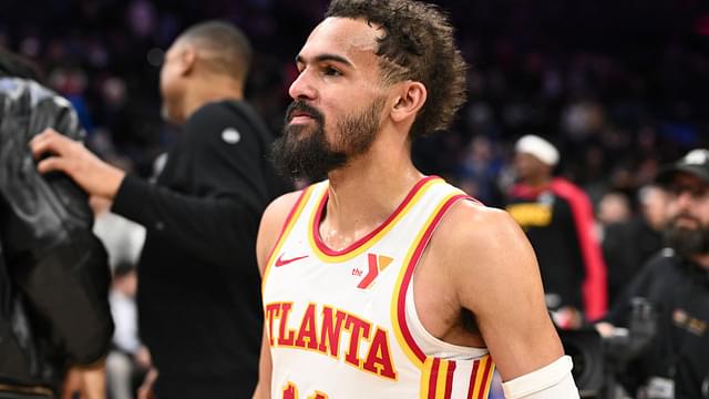 Apr 11, 2025; Philadelphia, Pennsylvania, USA; Atlanta Hawks guard Trae Young (11) looks on after the game against the Philadelphia 76ers at Wells Fargo Center.