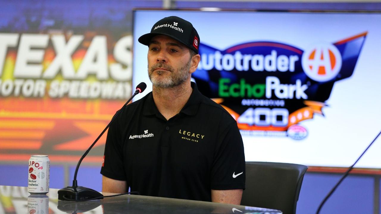 Seven time NASCAR Cup Series Champion Jimmy Johnson (84) answers questions from the media before practice for the NASCAR Cup Series AutoTrader EchoPark Automotive 400 at Texas Motor Speedway.