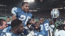 Detroit Lions running back Barry Sanders is carried on the shoulders of teammates after reaching the 2,000-yard milestone in 1997.