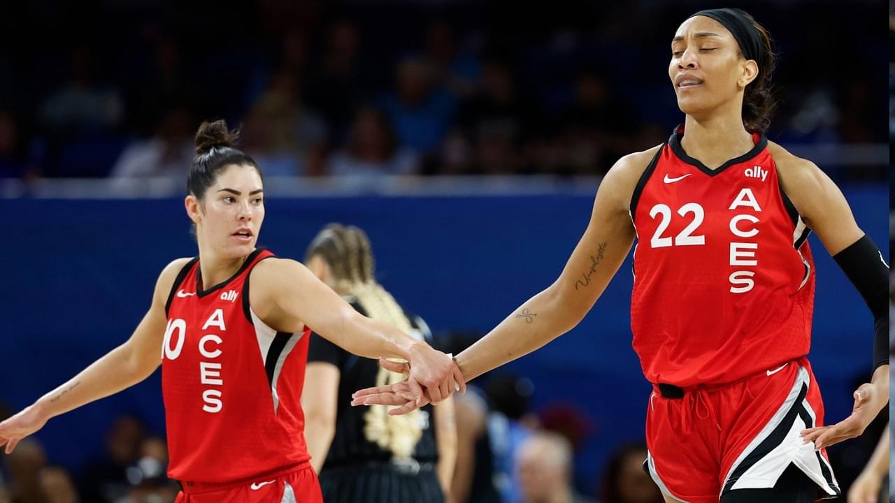 Las Vegas Aces center A'ja Wilson (22) is congratulated by guard Kelsey Plum (10) after scoring against the Chicago Sky during the first half at Wintrust Arena.