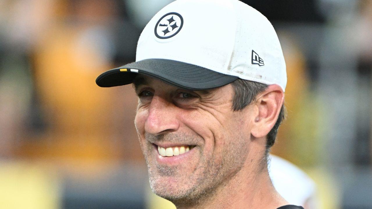 Pittsburgh Steelers quarterback Aaron Rodgers (8) watches introductions during a game against the Tampa Bay Buccaneers at Acrisure Stadium.